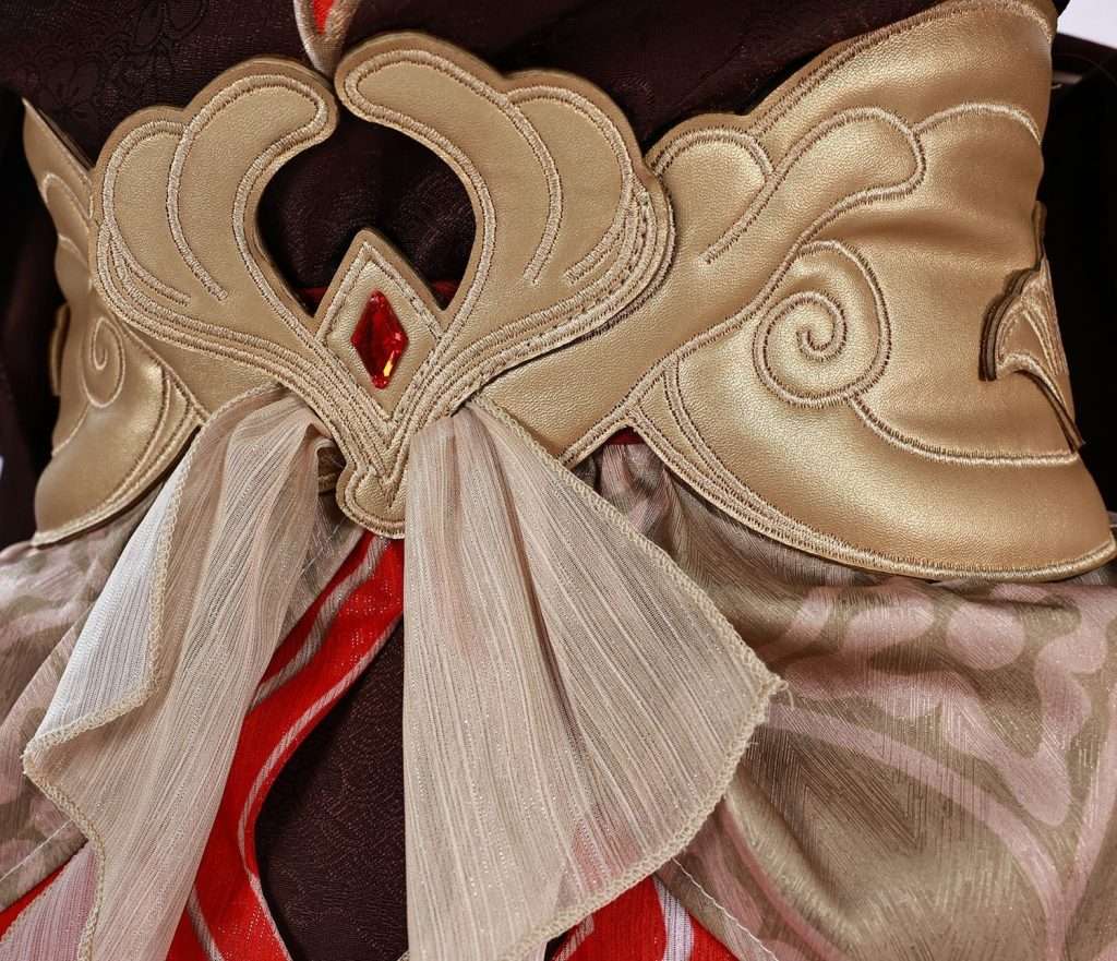 Close-up of Tingyun cosplay's accessories and fabric pattern
