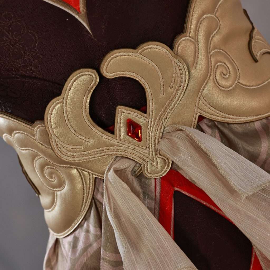 Close-up of Tingyun cosplay's accessories and fabric pattern