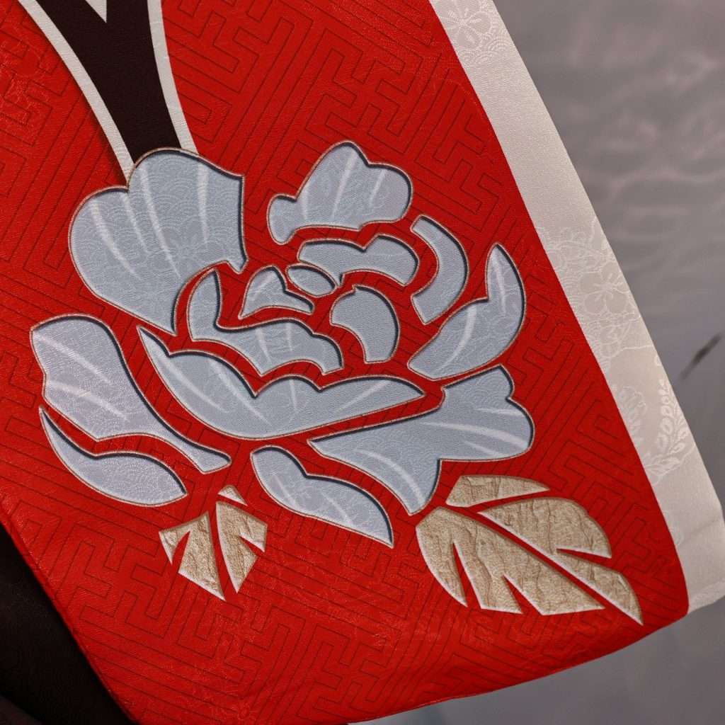 Close-up of Tingyun cosplay's accessories and fabric pattern