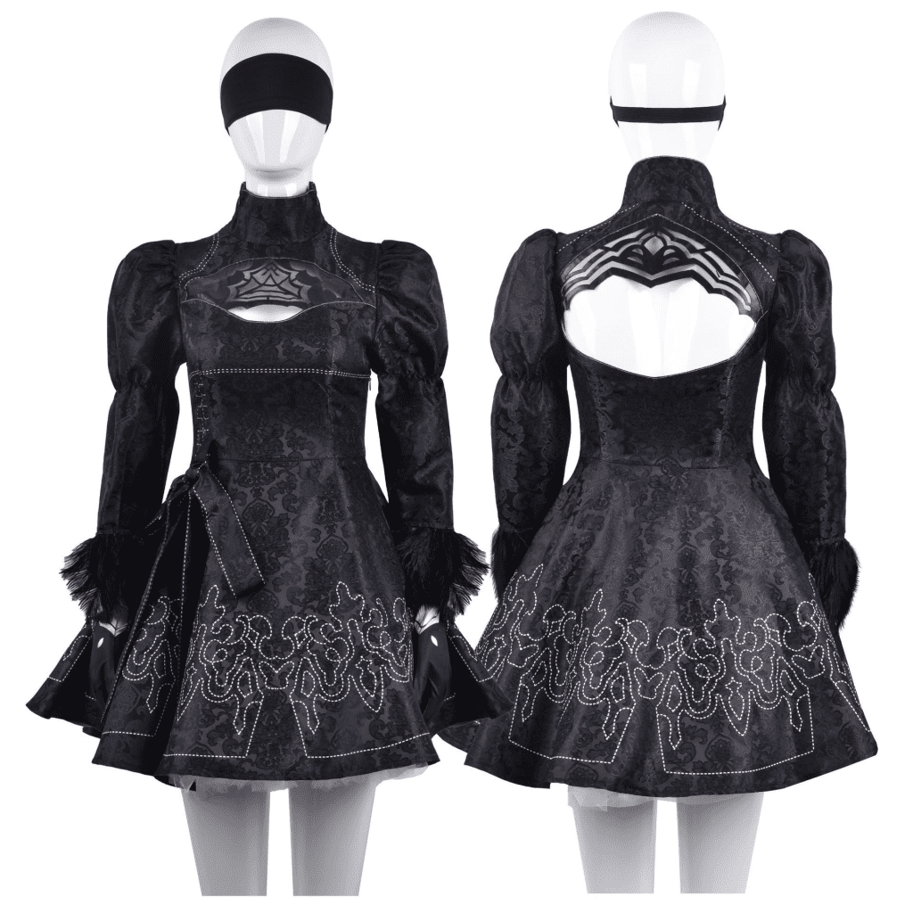 Front view of YoRHa No. 2 Type B cosplay costume from Nier: Automata, featuring detailed design and premium fabric.