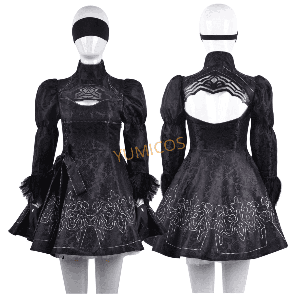 Front view of YoRHa No. 2 Type B cosplay costume from Nier: Automata, featuring detailed design and premium fabric.