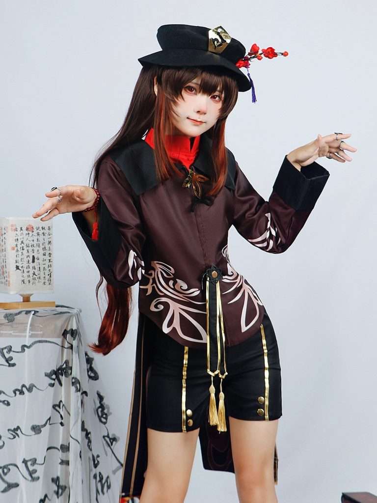 A model wearing the Hu Tao cosplay costume from Genshin Impact, showcasing the full outfit with accurate details. 