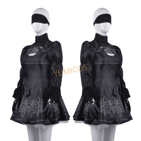 Front view of YoRHa No. 2 Type B cosplay costume from Nier: Automata, featuring detailed design and premium fabric.