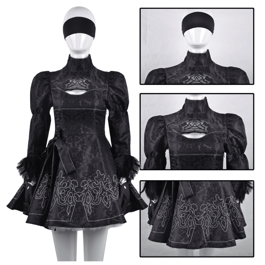 Front view of YoRHa No. 2 Type B cosplay costume from Nier: Automata, featuring detailed design and premium fabric.