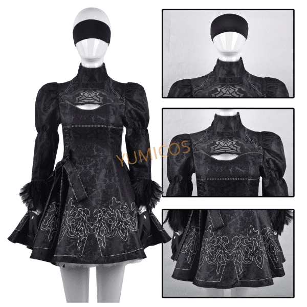 Front view of YoRHa No. 2 Type B cosplay costume from Nier: Automata, featuring detailed design and premium fabric.