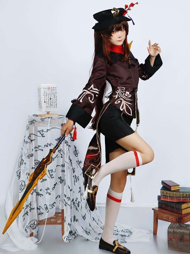 A model wearing the Hu Tao cosplay costume from Genshin Impact, showcasing the full outfit with accurate details. 
