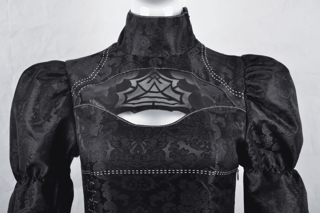 Close-up of the YoRHa No. 2 Type B cosplay costume showing fabric texture and embroidery. 