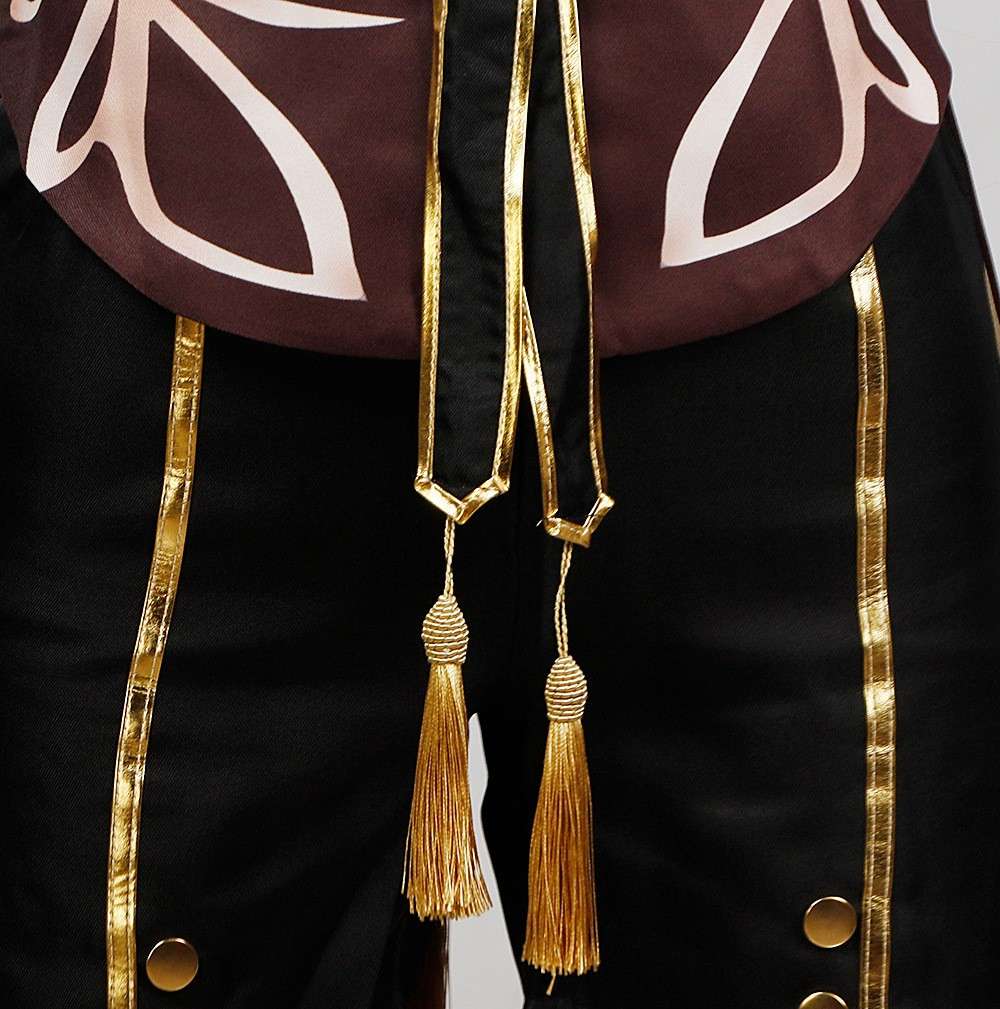Close-up view of the embroidery and fabric details of the Hu Tao cosplay costume from Genshin Impact. 