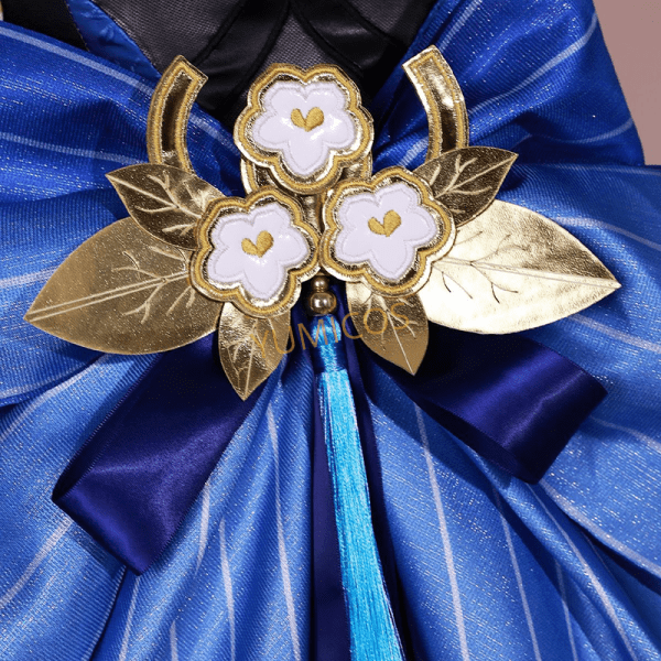 Close-up of Ganyu costume accessories like brooch and gloves