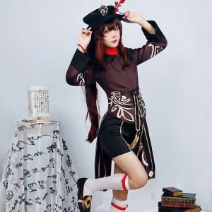 A model wearing the Hu Tao cosplay costume from Genshin Impact, showcasing the full outfit with accurate details.