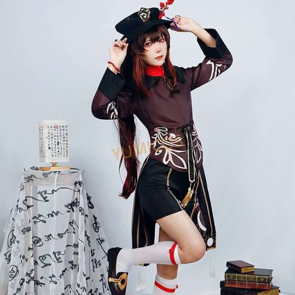 A model wearing the Hu Tao cosplay costume from Genshin Impact, showcasing the full outfit with accurate details.