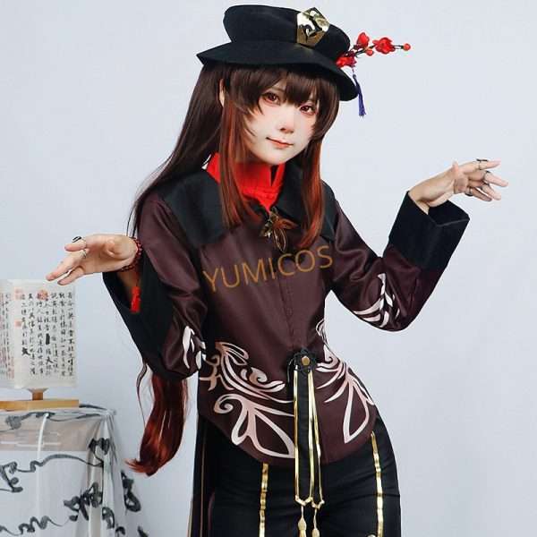 A model wearing the Hu Tao cosplay costume from Genshin Impact, showcasing the full outfit with accurate details.