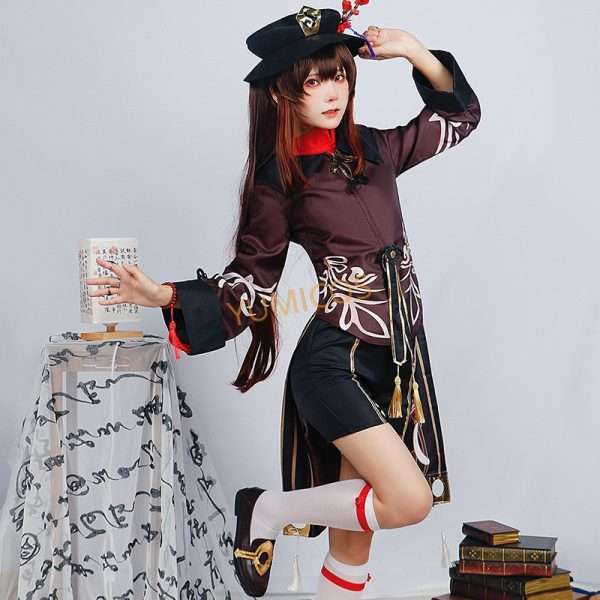 A model wearing the Hu Tao cosplay costume from Genshin Impact, showcasing the full outfit with accurate details.