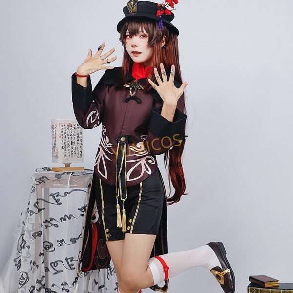 A model wearing the Hu Tao cosplay costume from Genshin Impact, showcasing the full outfit with accurate details.