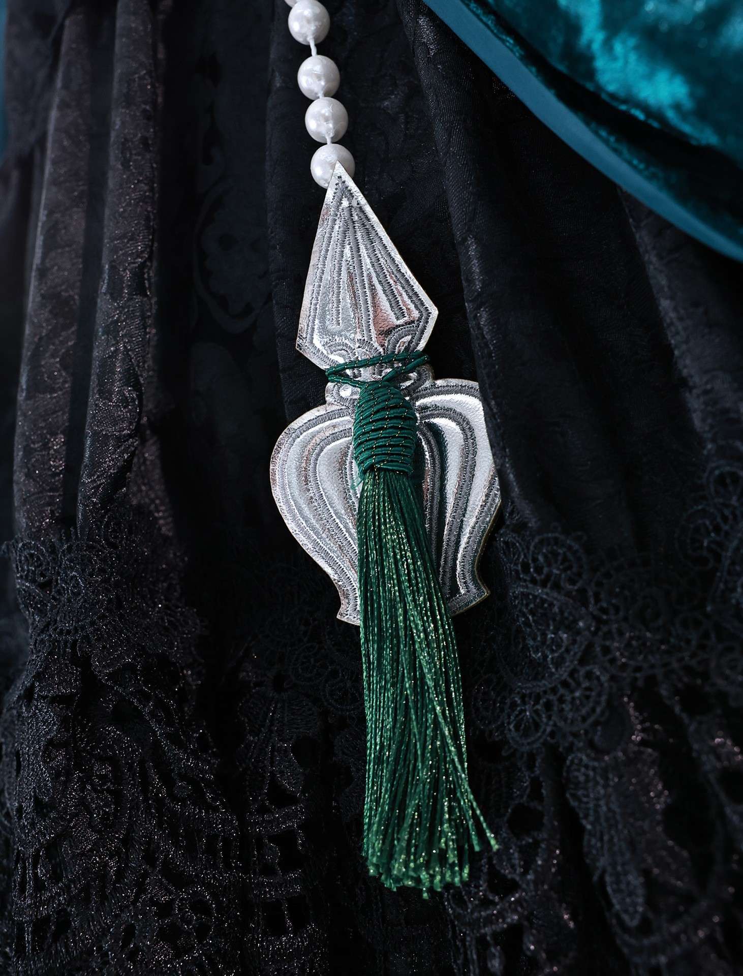 Close-up details of Black Butler Ciel Phantomhive Green Witch cosplay costume