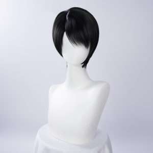 Front view of Caleb Farspace black cosplay wig