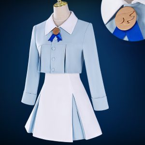 Front view of Sakura’s date outfit in blue cosplay dress