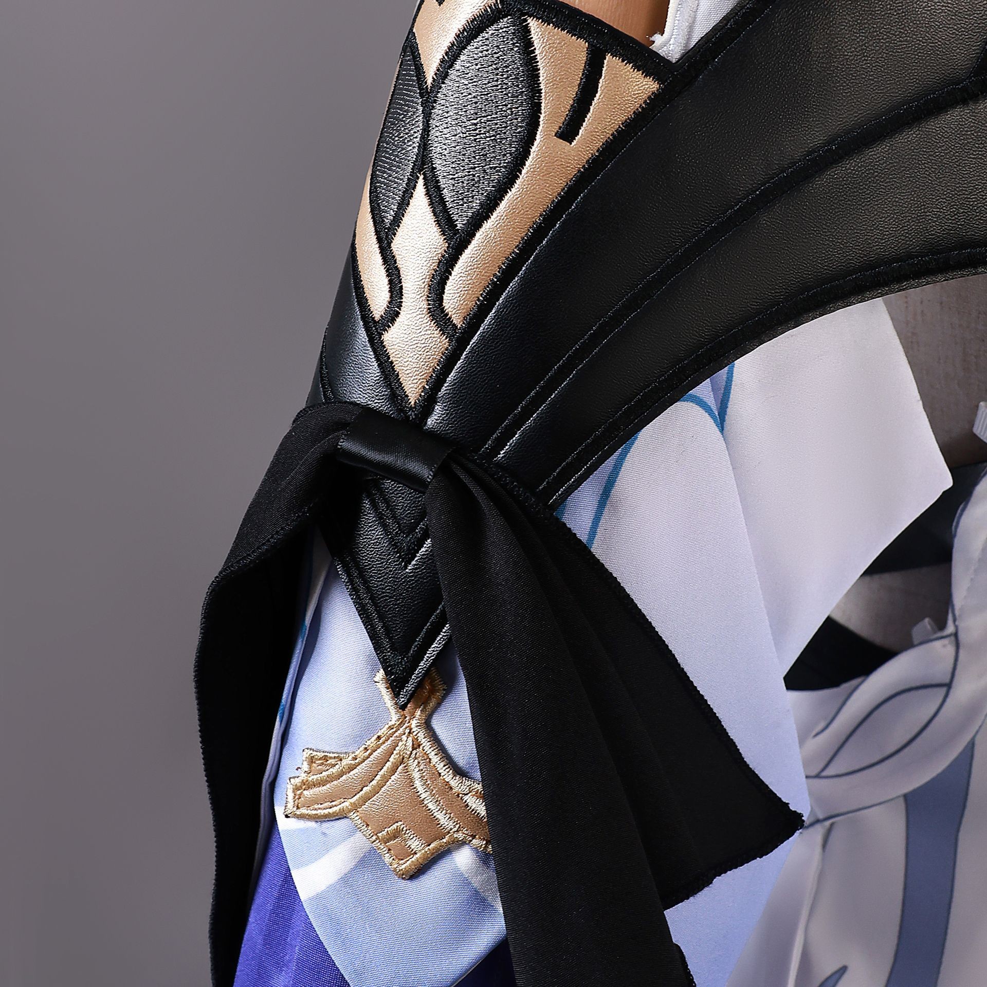 Close-up of Skirk cosplay embroidery and fabric