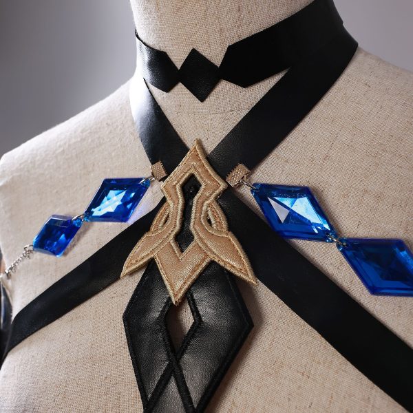 Close-up of Skirk cosplay embroidery and fabric