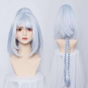 Front view of Genshin Impact Mualani pink cosplay wig with parted bangs and long braid